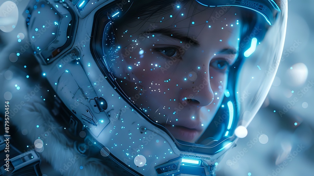 Poster close-up of a young astronaut's face inside a space helmet, with a serene expression. blue lights an