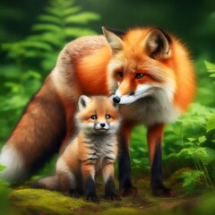 Fototapeta premium red fox with fox cub