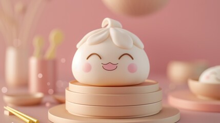Smiling Dumpling Figurine on Pastel Background A cute, smiling dumpling figurine placed on a pastel pink background, radiating happiness and charm