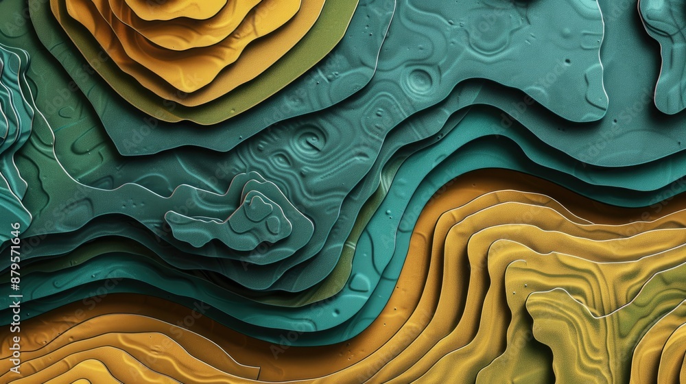 Poster the design has layers in teal, green, and yellow with organic patterns and textures, creating a dyna