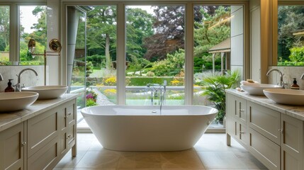 Fototapeta premium A serene bathroom with a large, picture window overlooking a private garden, a freestanding tub, and a double vanity