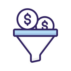 A funnel icon with dollar coins symbolizing the conversion of inputs into revenue