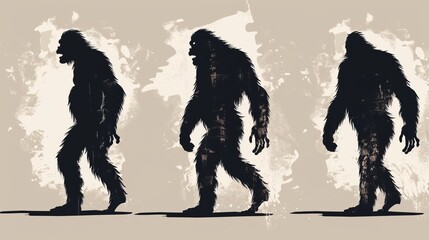 A fascinating artistic rendering showcasing three progressive stages of Bigfoot in motion, depicted in an engaging sketch style, highlighting the creature’s elusive and cryptic nature.
