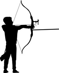 Silhouette of a young archer aiming with a recurve bow