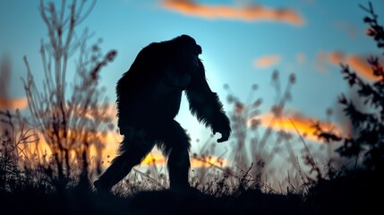 A silhouette of Bigfoot is walking through an open field during a stunning sunset, highlighting the creature's unmistakable form against the colorful sky.