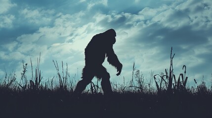 A mysterious silhouette of Bigfoot walking on uneven ground is set against a cloudy and twilight sky, creating an atmosphere of intrigue and supernatural elements.