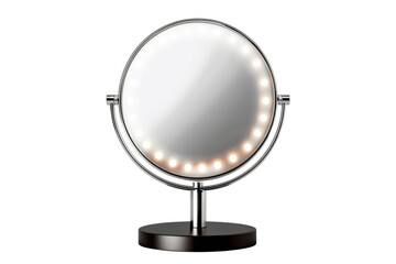 Fototapeta premium Round illuminated vanity mirror on stand, perfect for makeup and grooming. Features LED lights for a clear reflection and modern design.