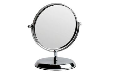 Fototapeta premium A sleek and modern round tabletop mirror with a chrome finish, perfect for personal grooming, makeup, and decoration purposes.