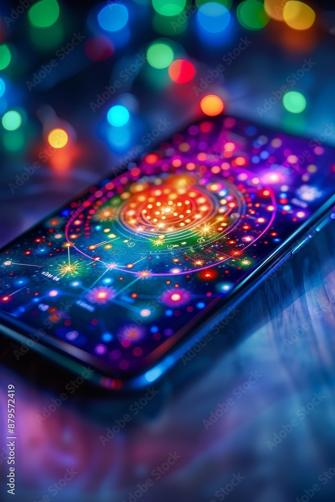 Poster colorful abstract pattern on smartphone screen with bokeh lights.