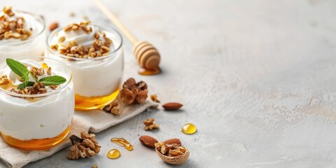 Nutritious Greek Yogurt Breakfast with Honey and Nuts on Plain Background for Text Overlay