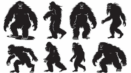 Fototapeta premium An illustration featuring silhouettes of hairy creatures, resembling Bigfoot or Sasquatch, captured in various dynamic and active poses, emphasizing adventure and mystery.