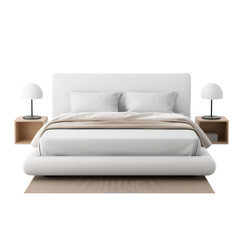 Modern minimalist bedroom interior design with white bed, bedside tables, and lamps on a light background, promoting a calm and serene atmosphere.