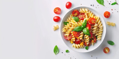 Fresh Vegetable Pasta Bowl with Cherry Tomatoes and Basil on White Background for Graphic Designers