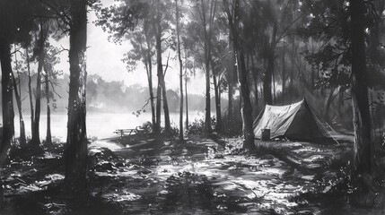 A charcoal sketch of a rustic campsite at dawn, with the first light of day breaking through the trees and casting long shadows. The campsite includes a small tent and a makeshift fire pit. Created