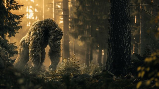This image features a solitary ape-like creature walking through a forest bathed in golden light, with intricate details of the surrounding nature and a serene atmosphere. - Powered by Adobe