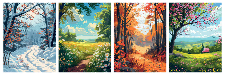 Poster set of four seasons. Winter fall summer spring. Nature scenery landscape. Trees foliage snow blooming flowers. Vector illustration