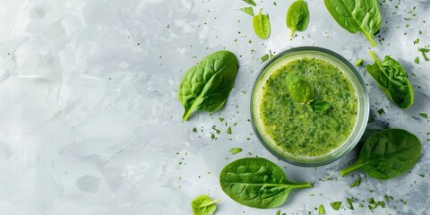 Obraz premium Vibrant Green Smoothie with Fresh Spinach and Fruits on Simple Background for Copy Space