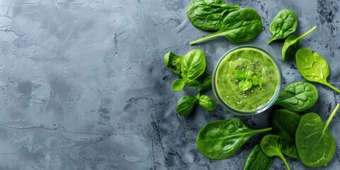 Obraz premium Nutritious Green Smoothie with Spinach and Fruits on Simple Background, Copy Space Available