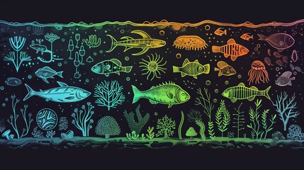 An intricate and colorful illustration depicting a wide array of marine life, ranging from fish to jellyfish, set against a dark, mysterious background that emphasizes their diversity.