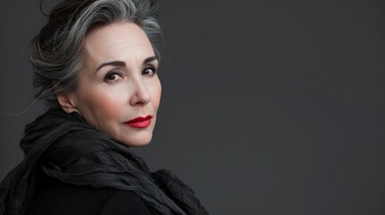 Fototapeta premium A woman with silver hair and red lipstick looks over her shoulder