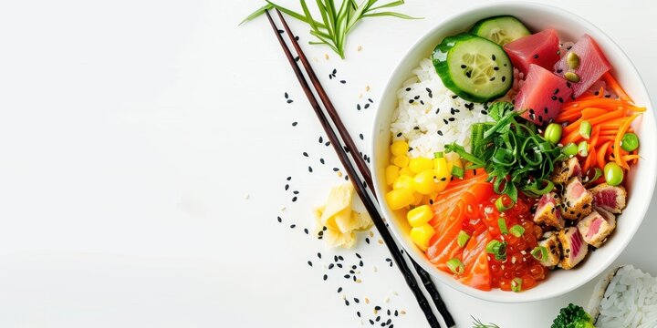 Vibrant Poke Bowl with Fresh Fish, Rice, and Colorful Vegetables on White Background for Graphic Design.