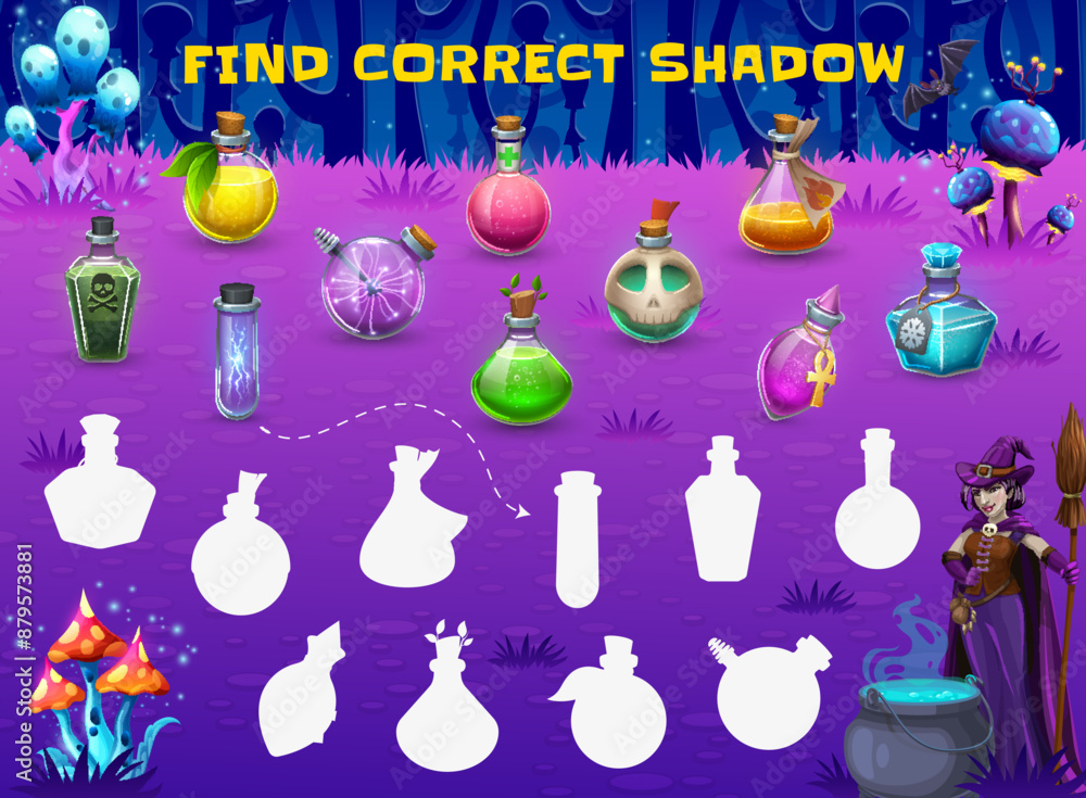 Poster find correct shadow of halloween potion bottles, kids game worksheet, vector puzzle quiz. cartoon ga