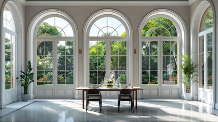 Fototapeta premium A sophisticated dining room with a table set under a series of elegant, arched windows