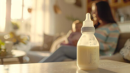 A baby feeding bottle filled with milk sits on a table in a bright room. In the background, out of focus, a mother lovingly cradles her newborn in her arms while sitting on a sofa