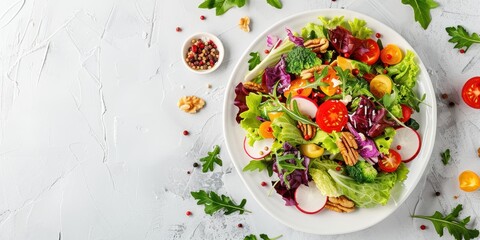 Bountiful and Colorful Vegetable Salad on White Plate with Copy Space for Design.