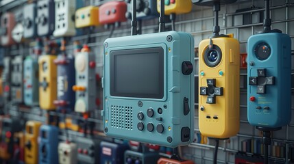 Blue handheld gaming console with a blank screen is hanging on a metal grid wall surrounded by other colorful handheld gaming consoles