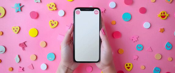 A minimalistic composition featuring a mobile phone with a blank white screen held by a hand with pink nails.
