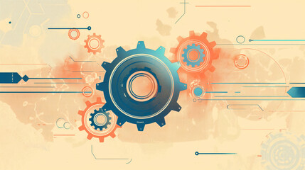 Obraz premium Abstract technology background with gears and dynamic lines in a retro color scheme