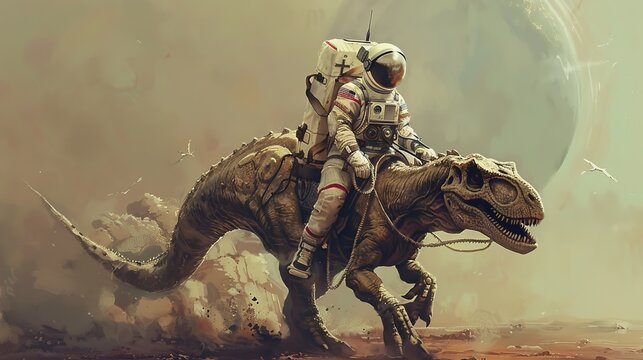 A striking visualization of a futuristic astronaut riding a prehistoric dinosaur across a barren desert, merging ancient past with futuristic adventure and exploration themes.