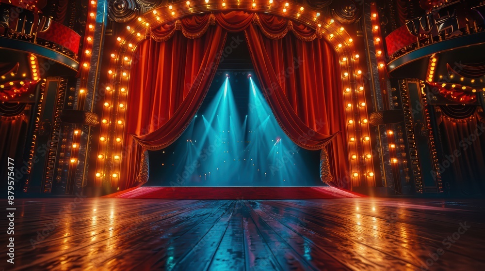 Poster red curtains are hiding the stage illuminated with blue spotlights in an empty circus tent, creating