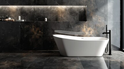 A stylish bathroom with a black marble floor, a white freestanding tub, and matte black fixtures