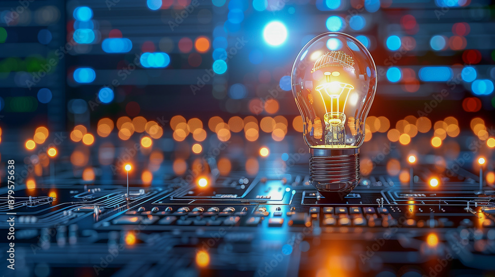 Poster illuminated light bulb on circuit board with bokeh lights