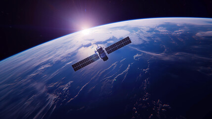 Obraz premium Satellite orbiting Earth with visible continents under the sunlight.