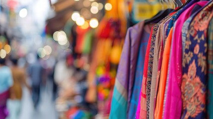 Naklejka premium Diwali shopping scene in a bustling market with stalls showcasing colorful clothing, gifts, and decorations, capturing the festive atmosphere.