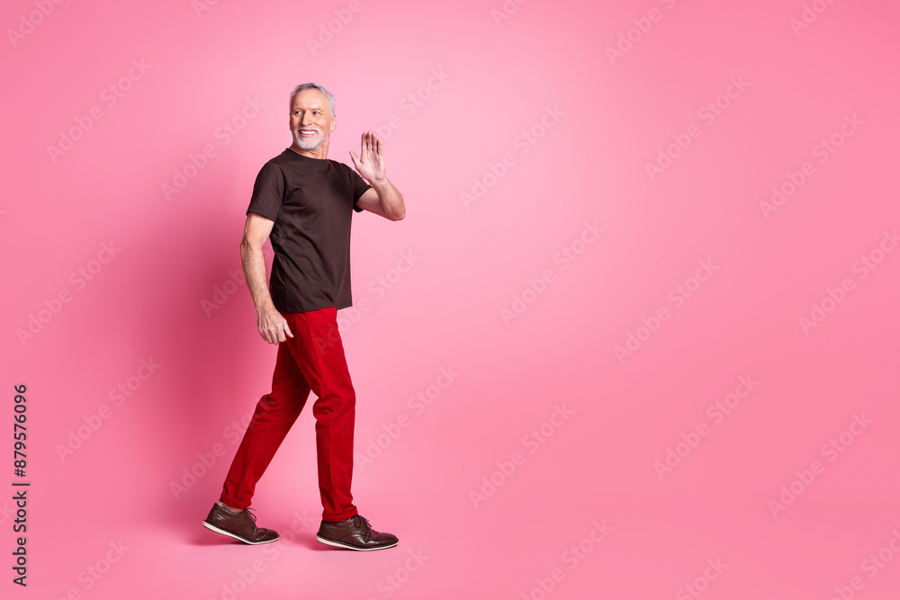 Poster full size photo of cheerful senior man dressed brown t-shirt red trousers go empty space waving palm