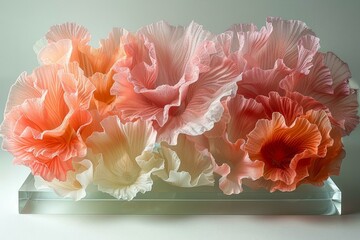 Vibrant Pink Peony Flower Sculptures in a Glass Block Display