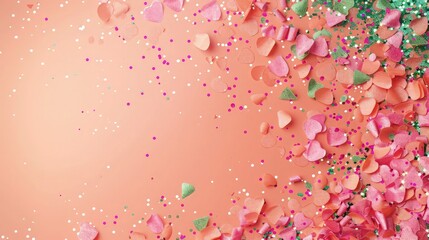 A vibrant pink and green gradient birthday celebration paper, featuring sparkling confetti edges, set against a soft peach background with ample copy space.