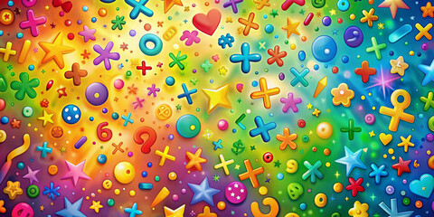 Vibrant colorful math numbers and symbols scattered on a bright gradient background, blending art and education in a playful oil painting style cartoon illustration.