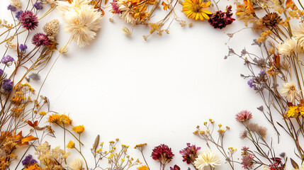 秋の白背景にシンプルなフレームでおしゃれな花ドライフラワーデザインあしらい素材