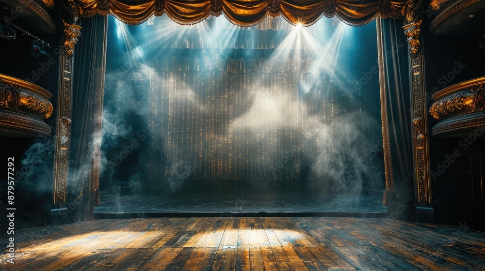 Aufkleber spotlight shining on an empty theater stage, highlighting the intricate backdrop and creating a sens