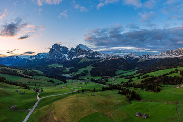 Panoramic view from the Seiser Alm to the Dolomites in Italy, drone shot.