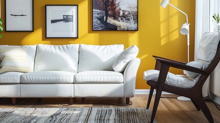 A vibrant setup with a white leather sofa and a contrasting dark wood recliner chair, set against a mustard yellow wall with modern Scandinavian art, creating a cheerful and stylish environment.
