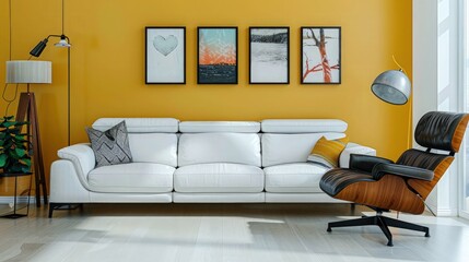 A vibrant setup with a white leather sofa and a contrasting dark wood recliner chair, set against a mustard yellow wall with modern Scandinavian art, creating a cheerful and stylish environment.