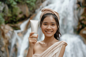 Beautiful girl with jar of moisturizer cream against the background of a waterfall. Organic, natural cosmetics concept.