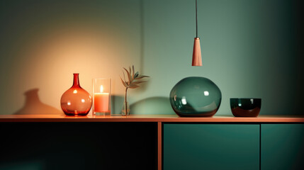 Modern minimalistic teal interior still life with vases and glowing lamp background