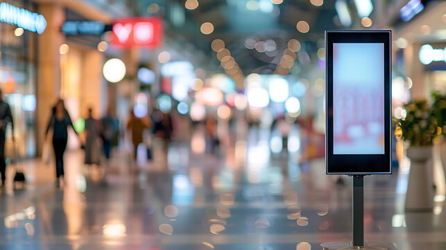 A vertical out-of-home (OOH) poster display stands prominently in a retail environment, showcasing a digital screen for advertising